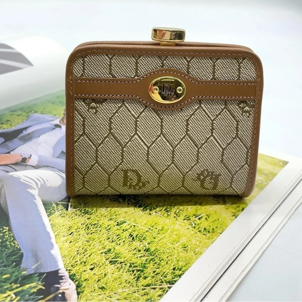 Auth Christian Dior Honeycomb PVC x Leather Beige Clasp Coin Case W/Box